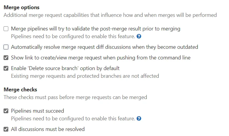 GitLab merge options and check